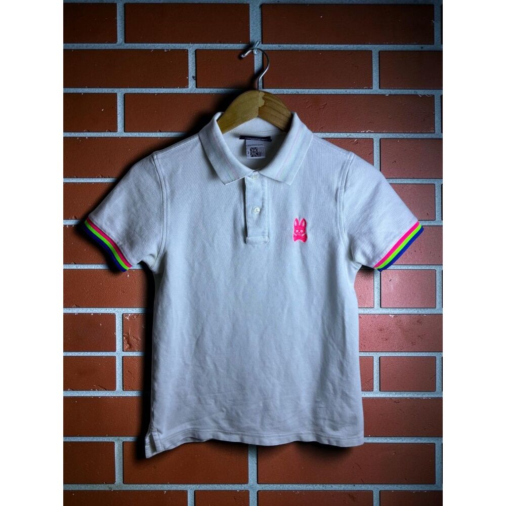 Psycho Bunny White Neon Trim Polo Shirt Size 2 Pink Logo